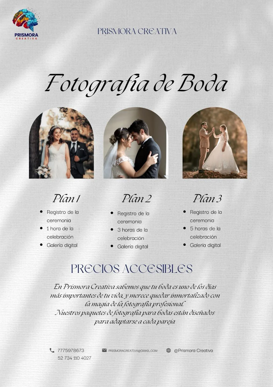 Información de paquetes de fotografía de boda Prismora Creativa
